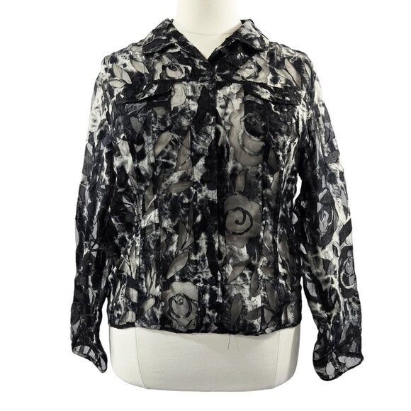 Vintage Chico's Black White Floral Sheer Mesh Burnout Lightweight Jacket Y2K - Picture 1 of 7